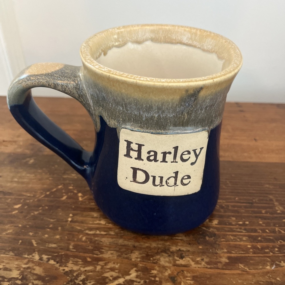 Harley Dude Heavy Coffee Mug Cup Glazed Pottery Blue Stoneware 20oz